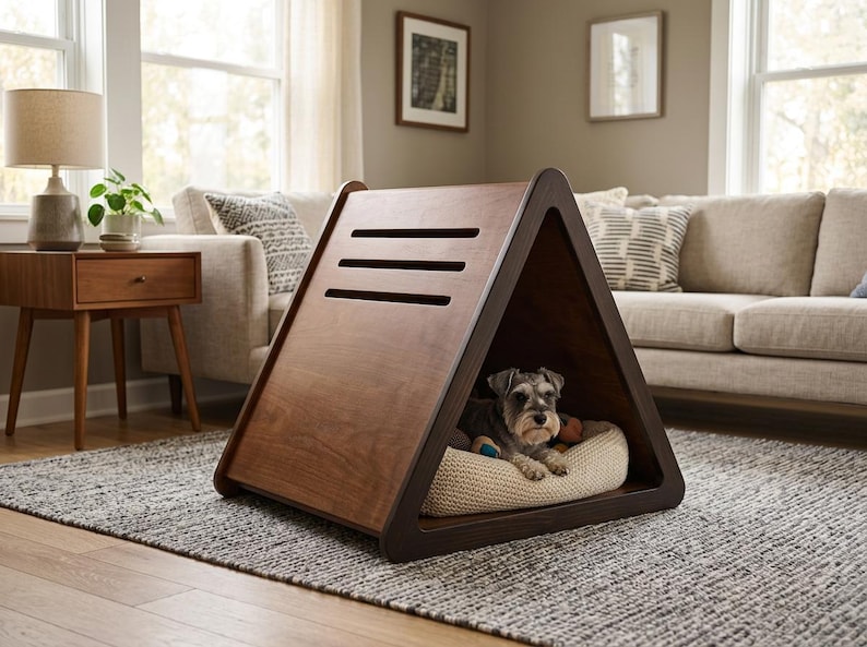 May include: A triangular wooden pet house with a dark brown finish and three horizontal ventilation slats on the side. Inside the structure, a small gray and black dog rests on a round, textured beige cushion placed on the floor.