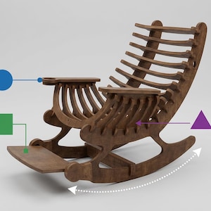 May include: A brown wooden rocking chair featuring a slatted backrest, curved armrests with a circular cutout, and a footrest. The design includes a series of interlocking wooden components and a curved base for rocking motion, highlighted by blue, green, and purple geometric icons.