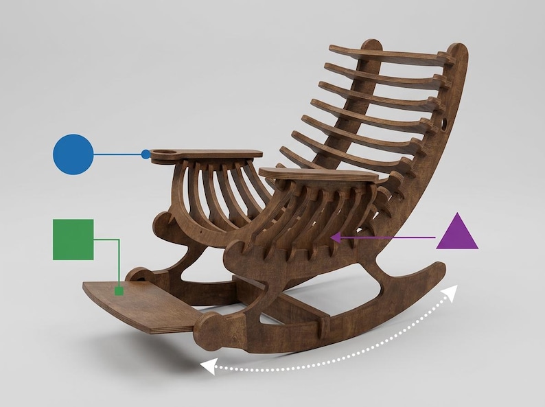 May include: A brown wooden rocking chair featuring a slatted backrest, curved armrests with a circular cutout, and a footrest. The design includes a series of interlocking wooden components and a curved base for rocking motion, highlighted by blue, green, and purple geometric icons.