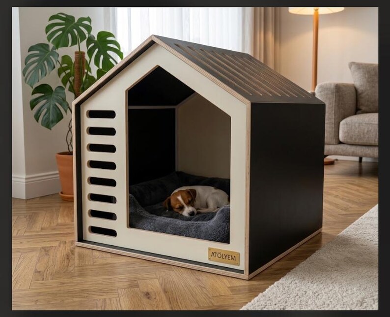 Modernes Hundehaus aus Holz für den Innenbereich, minimalistische Haustiermöbel in Schwarz-Creme, geometrische Hundehöhle Bild 1