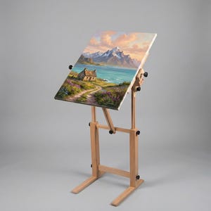 May include: A light-colored wooden easel holds a rectangular canvas painting depicting a landscape with a small stone cottage, a dirt path, green fields, a blue body of water, and snow-capped mountains under a soft, pastel-colored sky.