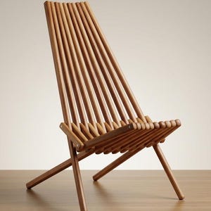 May include: A folding chair constructed from multiple vertical wooden slats in a warm brown tone. The chair features a high, angled backrest and a seat formed by parallel wooden rods, supported by a simple cross-leg frame design.
