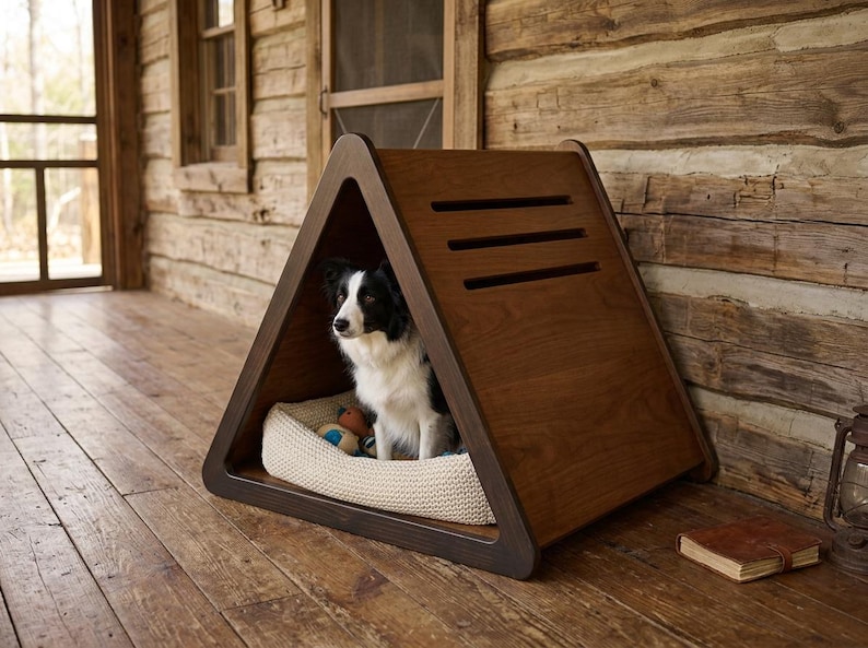 May include: A triangular wooden pet house with a dark brown finish and three horizontal ventilation slats on the side. Inside the structure, a black and white dog sits on a cream-colored textured cushion, accompanied by a small colorful toy.