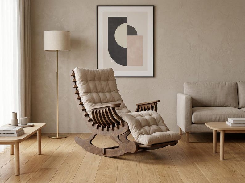 May include: A dark wood rocking chair featuring a curved frame with a slatted back design and a thick, tufted beige cushion that covers the seat and backrest. The chair has integrated armrests and a curved base for a smooth rocking motion.