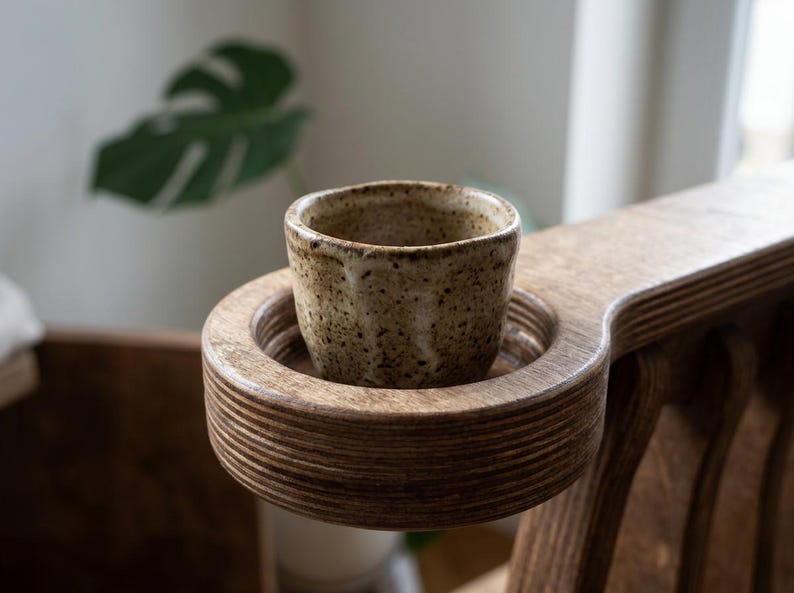 May include: A small, speckled beige ceramic cup sits inside a circular cutout on a wooden armrest. The cup has a textured, earthy appearance with dark brown flecks, while the armrest features visible layers of wood grain in a medium brown tone.