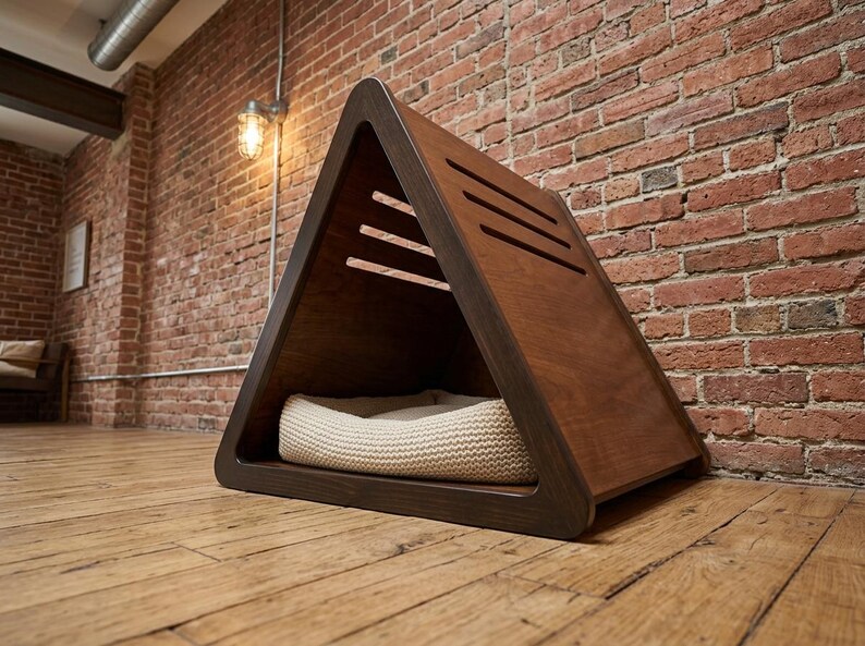 May include: A triangular pet house constructed from dark brown wood with a smooth finish. The structure features three horizontal ventilation slats on the side panel and contains a soft, cream-colored, textured knit cushion inside the base.