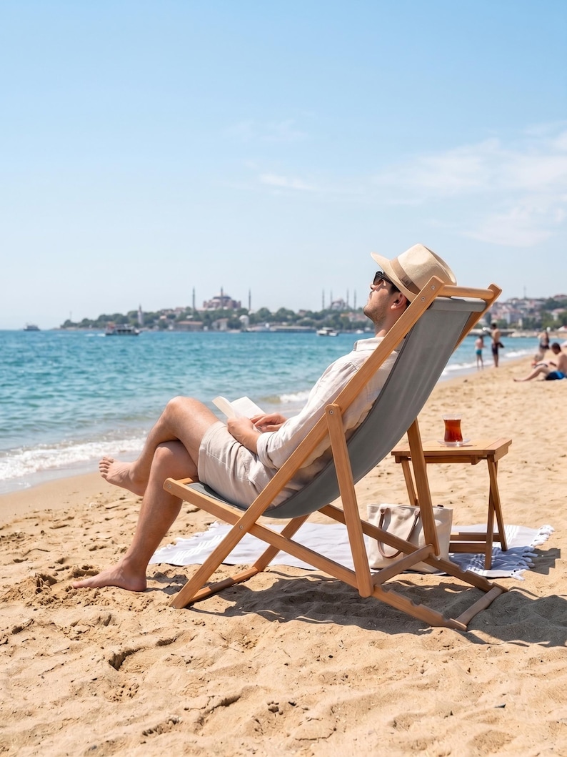 Beech Wood Deck Chair, 4-Position Folding Sling Chair for Garden, Patio, Beach & Camping image 7
