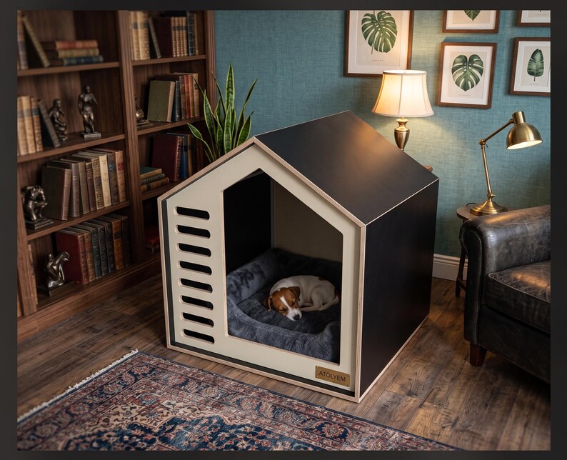 Modernes Hundehaus aus Holz für den Innenbereich, minimalistische Haustiermöbel in Schwarz-Creme, geometrische Hundehöhle Bild 3
