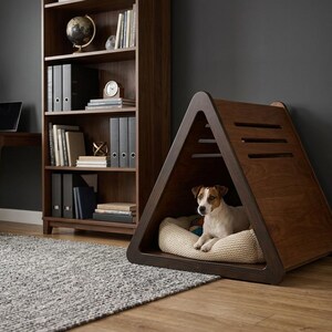 May include: A triangular wooden pet house with a dark brown finish and horizontal ventilation slats on the side. Inside the structure, a small white and brown dog rests on a textured, cream-colored circular cushion placed on the floor.