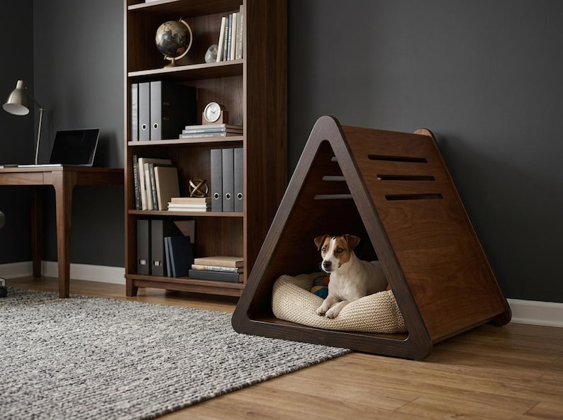 May include: A triangular wooden pet house with a dark brown finish and horizontal ventilation slats on the side. Inside the structure, a small white and brown dog rests on a textured, cream-colored circular cushion placed on the floor.