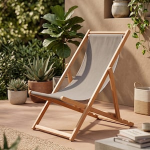 Beech Wood Deck Chair, 4-Position Folding Sling Chair for Garden, Patio, Beach & Camping image 1