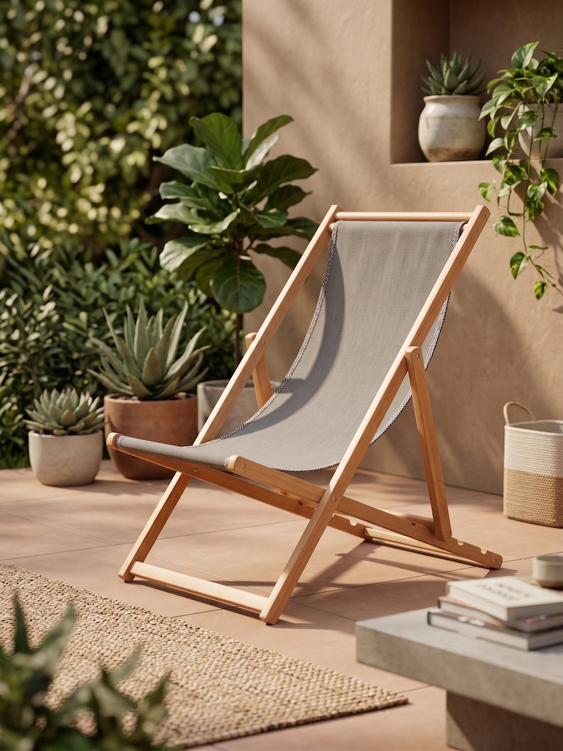 Beech Wood Deck Chair, 4-Position Folding Sling Chair for Garden, Patio, Beach & Camping image 1