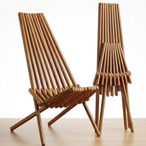 May include: Two folding chairs constructed from multiple vertical wooden slats. One chair is fully unfolded in a reclined position, while the second chair stands upright in a completely folded, narrow, and compact vertical configuration.