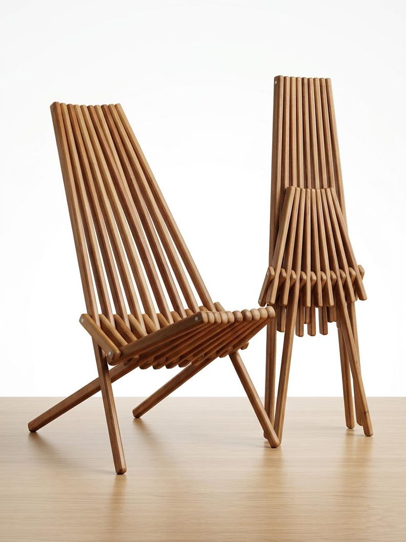 May include: Two folding chairs constructed from multiple vertical wooden slats. One chair is fully unfolded in a reclined position, while the second chair stands upright in a completely folded, narrow, and compact vertical configuration.