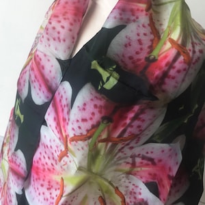 Pink/White Lily Silk Scarf, Floral Scarf, special Christmas gift, vibrant luxurious, printed on 100% Pure Silk.