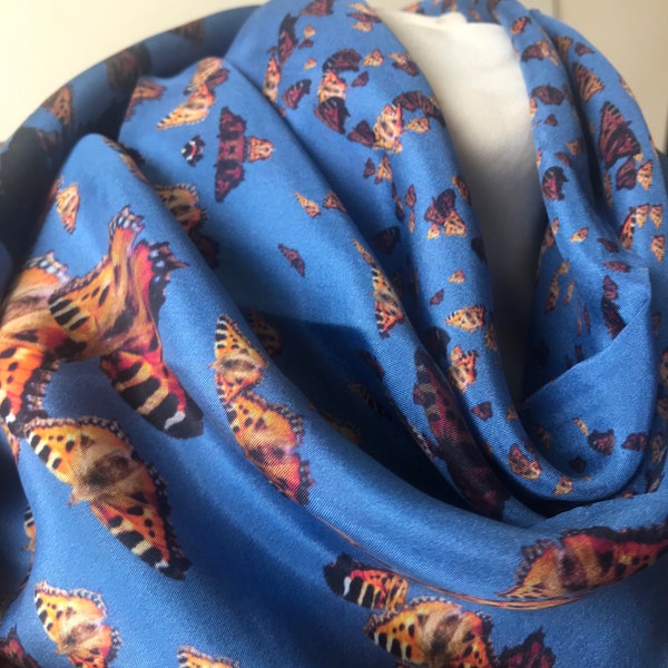Butterfly scarf, Blue Silk Scarf, Blue scarf, Animal scarf, unique scarf, for her, digitally printed