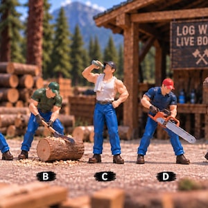 Op de afbeelding: Vijf miniatuur houthakkersfiguurtjes gelabeld van A tot E. Figuur A zwaait met een bijl, B hakt in een boomstam, C drinkt uit een fles, D bedient een kettingzaag en E draagt een boomstam. Ze staan voor een houten bouwwerk met de tekst LOG WORK LIVE BOLDER.