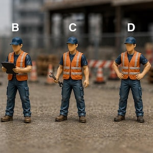 May include: Five miniature construction worker figurines labeled A through E. Each figure wears a dark blue shirt, blue cargo pants, and an orange high-visibility safety vest. Figure A wears a yellow hard hat, while B, C, D, and E wear blue caps.
