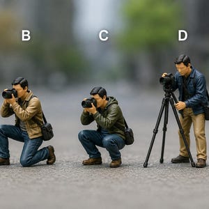 May include: Five miniature figurines labeled A through E, each depicting a photographer in different poses. They wear casual jackets, jeans, and carry camera bags. One figure stands with a camera, one kneels, one crouches, one uses a tripod, and one stands holding a camera.