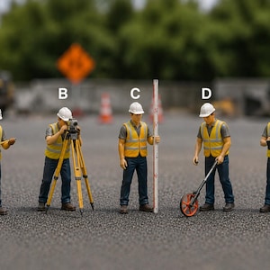 May include: Five miniature construction worker figurines labeled A through E, each wearing a white hard hat, yellow high-visibility vest, gray shirt, and blue pants. They are equipped with various surveying tools including a tripod, leveling rod, and measuring wheel.