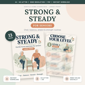Peut inclure: Un guide d'exercices numériques intitulé Strong & Steady for Seniors, comprenant 13 pages de routines de chaise, d'équilibre, d'étirement et de renforcement. La couverture illustre deux personnes âgées faisant des exercices avec une chaise.