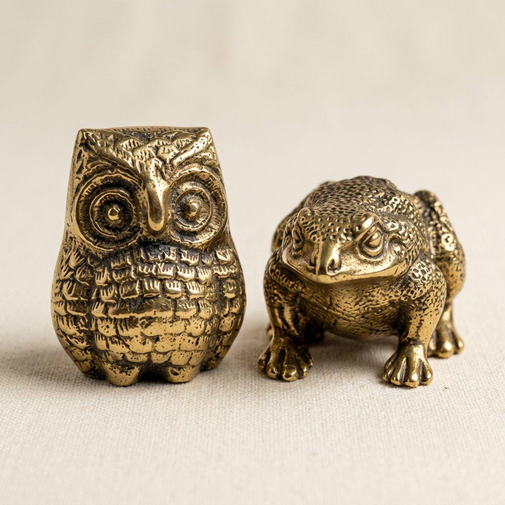 Brass Owl and Frog Figurine Set, Golden Brass Animal Sculptures, Owl Frog Home Decor, Shelf Desk Dec
