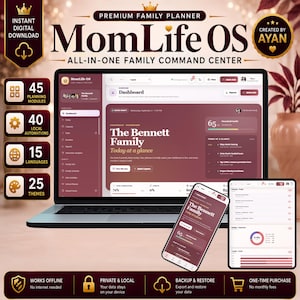May include: A digital family planner titled MomLife OS displayed on a laptop, smartphone, and tablet. The interface features a maroon and cream color scheme with modules for planning, automation, and themes. Text includes The Bennett Family.