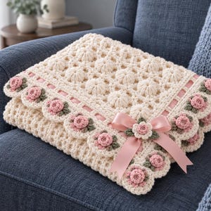 May include: A cream-colored crocheted blanket featuring a textured puff stitch pattern in the center. The border is decorated with small, three-dimensional pink crocheted roses and green leaves, finished with a soft pink satin ribbon bow.