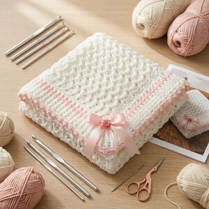 May include: A white crocheted blanket with a textured pattern and a light pink border, accented by a pink satin ribbon bow. The set includes several silver metal crochet hooks, balls of cream and pink yarn, a pair of copper scissors, and a needle.