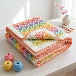 May include: A folded crochet blanket featuring a grid of rainbow-colored squares on a cream-colored background with a coral-colored border. Three small balls of yarn in pink, yellow, and blue sit nearby, along with metal scissors and a vase.