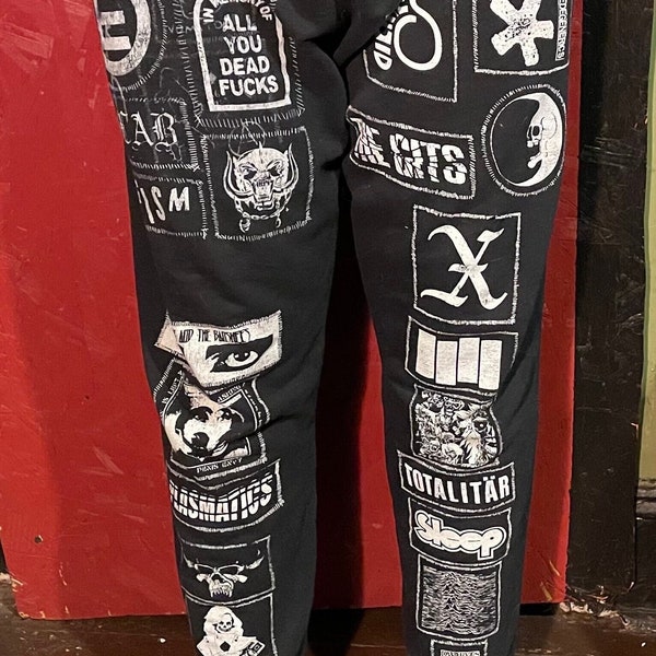 Punk patch SWEATPANTS for crust lord, warcore, hypebeast, goths, street punks who keep it chaotic evil casual ina comfy skinny jeans fit