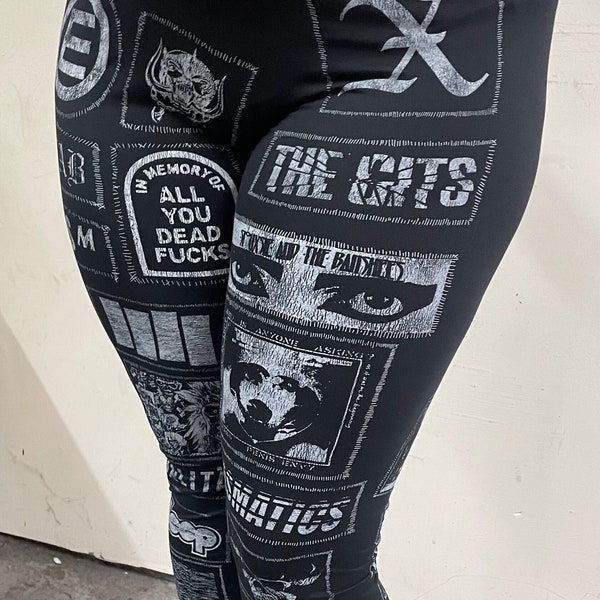 Punk patch LEGGINGS for crust lord, fitness freaks, TikTok goth girls: who workout but keep it chaotic evil casual ina skinny jeans fit.