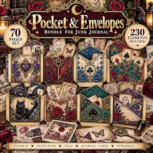 May include: A junk journal bundle featuring 70 pages and 230 elements including pockets and envelopes. The collection displays ornate designs with roses, playing card suits, a black cat, an owl, keys, and butterflies in deep red, blue, and gold tones.