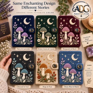 Puede incluir: Seis fundas para libros de ganchillo rectangulares con motivos de setas, lunas y estrellas. Cada funda tiene un cierre de botón con un diseño de luna y estrella. Las combinaciones de colores incluyen azul marino y lavanda, verde bosque y crema, burdeos y rubor, carbón y cerceta, beige y óxido, y azul polvoriento y malva.