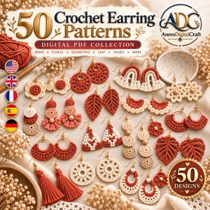 May include: A digital PDF collection of 50 crochet earring patterns featuring various designs in terracotta, cream, and white yarn. The image displays numerous finished earrings including floral, leaf, geometric, and tassel styles with gold hooks.