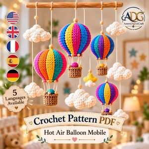 Crochet Hot Air Balloon Mobile Pattern PDF, Baby Nursery Mobile, Clouds & Star Decor, 5 Languages, Instant Download
