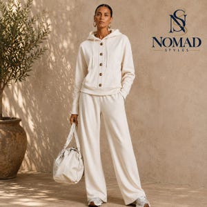 May include: A cream-coloured matching set consisting of a hooded sweatshirt with a button-down front placket and wide-leg trousers. The outfit is paired with a matching cream-coloured handbag and white trainers. The Nomad Styles logo is visible.