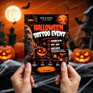 Op de afbeelding: Een rechthoekige flyer voor een Ink & Soul Halloween Tattoo Event op 25 oktober van 18:00 tot 23:00 uur bij Jolly Ollie's, 82 New Shackle Island Rd, Hendersonville, TN. Het ontwerp bevat een schedeltattoo, een pompoen en tekst.