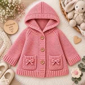 May include: A pink knitted hooded cardigan featuring a garter stitch texture, long sleeves with ribbed cuffs, a ribbed hem, and three wooden buttons down the centre. Two front patch pockets are each decorated with a small knitted bow detail.
