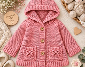 Baby Hooded Cardigan Knitting Pattern, Baby Knit Sweater, Button Front Hoodie, Pocket Cardigan PDF Pattern