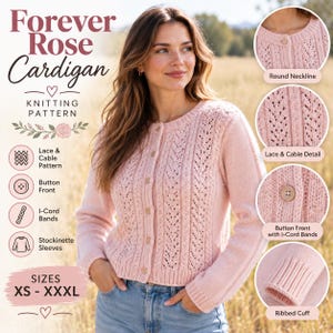 Pode incluir: Um cardigã de malha rosa claro com decote redondo, fecho frontal de botões e uma combinação de padrões de renda e tranças. O design inclui mangas em ponto jersey com punhos canelados e bordas I-cord. O texto na imagem diz Forever Rose Cardigan.