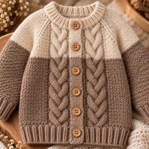 May include: A long-sleeve knit cardigan featuring a two-tone color block design with cream on the upper portion and brown on the lower portion. The garment includes a vertical cable knit pattern, a ribbed crew neckline, and six round wooden buttons.