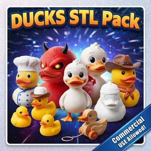Könnte beinhalten: Eine Sammlung digitaler 3D-Modelle mit verschiedenen Entenfiguren, darunter ein Koch, ein Cowboy, ein Teufel und ein hölzernes Nachziehspielzeug. Der Text DUCKS STL Pack und Commercial USE Allowed ist sichtbar. Die Figuren sind in Gelb, Weiß, Rot und Holztönen gehalten.