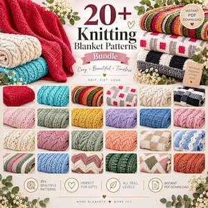 May include: A digital collection of 20+ knitting blanket patterns featuring a variety of colourful, textured, and patterned knitted blankets. The image displays multiple folded blankets in different colours and designs, including cables, stripes, and geometric motifs.