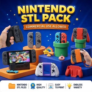 Może przedstawiać: Cyfrowa kolekcja plików STL do druku 3D dla akcesoriów Nintendo Switch, w tym uchwytów do kontrolerów, stacji dokujących i podstawek. Obraz przedstawia różne plastikowe mocowania kontrolerów w kolorach czerwonym, pomarańczowym, zielonym i fioletowym.