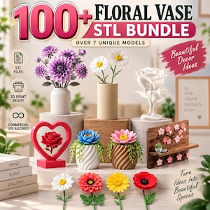 Puede incluir: Un paquete digital de más de 100 archivos STL de floreros para impresión 3D, que incluye varios floreros con dalias moradas, margaritas blancas, una rosa blanca, una rosa roja en un marco de corazón, flores de loto y un estante con flores rosas.