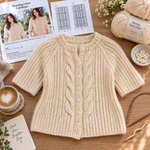Può includere: Un cardigan beige a maniche corte caratterizzato da un motivo a maglia a coste verticali e un design centrale a trecce. Il capo presenta uno scollo rotondo ed è chiuso da una fila di piccoli bottoni rotondi di colore chiaro sul davanti.
