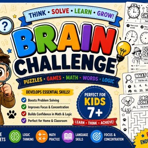 May include: A Brain Challenge activity book cover featuring a cartoon detective with a magnifying glass, colorful text, and sample worksheets including time puzzles, division problems, number sequences, and a dog maze for children aged seven and up.