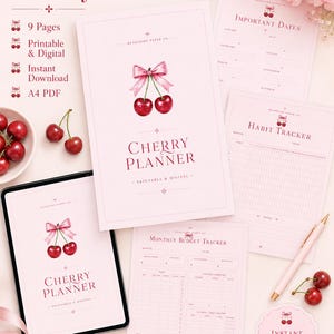May include: A Cherry Planner set featuring light pink pages with dark red cherry illustrations and bows. The collection includes a cover page, important dates, habit tracker, and monthly budget tracker, all labeled with text in a dark red font.