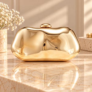 May include: A gold-colored clutch bag with a highly reflective, smooth, and irregular organic shape. The bag features a rounded, metallic surface and a small, circular gold-toned clasp centered on the top edge, creating a polished appearance.